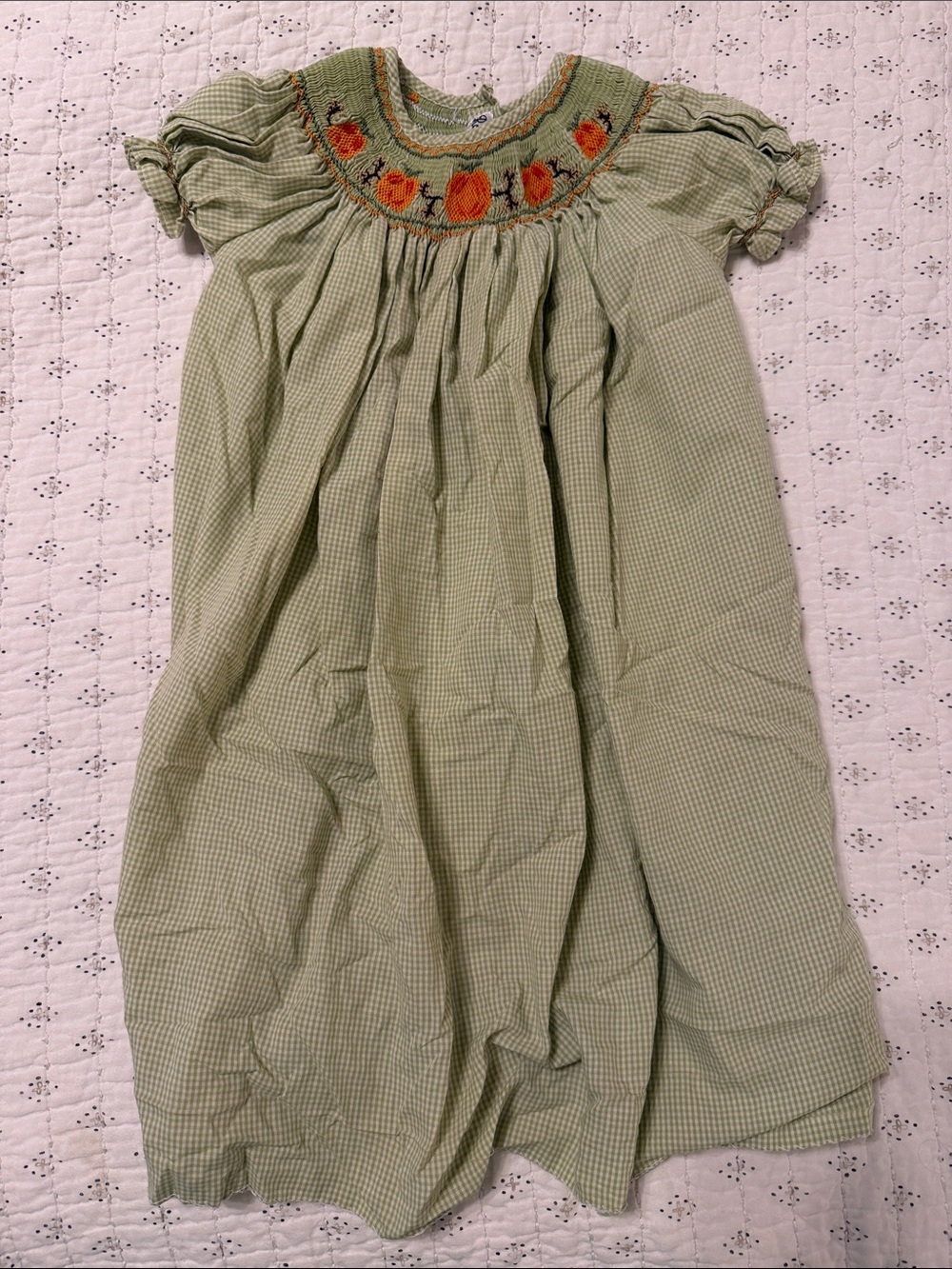 Girls Green Smocked Floral Yoke Dress